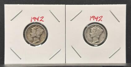 (2) 1942 Mercury Dime Coins, 90% Silver, United States, Winged Liberty Head, VF Condition