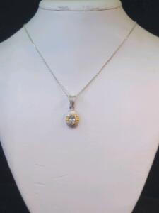 Sterling Silver Two-Tone Oval Pendant Necklace with Cubic Zirconia
