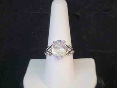 Sterling Silver 925 Ring with Large Oval Clear Center Stone, Accent Stones, Hallmarked "D"
