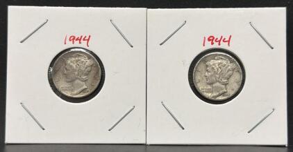 (2) 1944-S Mercury Dimes, 90% Silver, San Francisco Mint, Winged Liberty, 2 Coins, Circulated