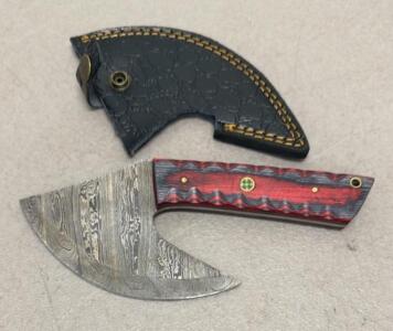 Handmade Damascus Ulu Knife, Mosaic Pin, Dyed Wood Handle, 6" Blade, Leather Sheath