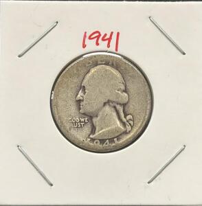 1941 Washington Quarter, 90% Silver, Circulated, Philadelphia Mint, John Flanagan Design