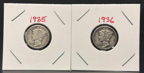 1935 & 1936 Mercury Dimes, 90% Silver, Philadelphia Mint, Circulated, Adolph Weinman Design