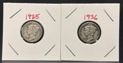 1935 & 1936 Mercury Dimes, 90% Silver, Philadelphia Mint, Circulated, Adolph Weinman Design