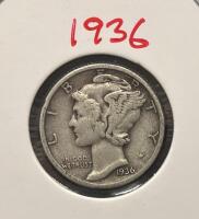 1935 & 1936 Mercury Dimes, 90% Silver, Philadelphia Mint, Circulated, Adolph Weinman Design - 4