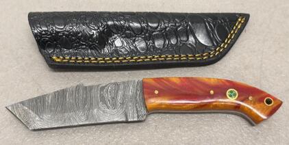 Custom Damascus Steel Tanto Fixed Blade Knife, Mosaic Resin Handle, Leather Sheath, 9 in Overall
