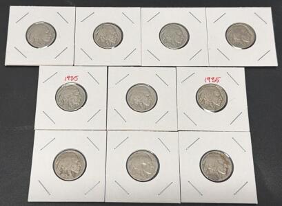 Lot of 10 Buffalo Nickels 1935 Indian Head Five Cent US Coins, 75% Copper 25% Nickel, Circulated