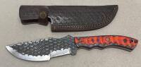Custom Fixed Blade Knife with Patterned Steel Blade and Contoured Handle
