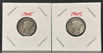 1945 Mercury Dime, 90% Silver, Circulated Condition, No Mint Mark