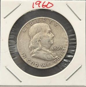 1960-D Franklin Half Dollar, 90% Silver, Denver Mint, Circulated U.S. Coin