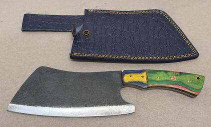 Custom Meat Cleaver with Multicolored Wood Handle and Leather Sheath