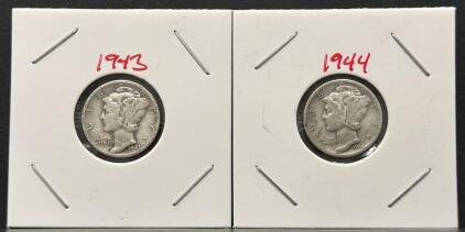 1943-S & 1944-D Mercury Dimes, 90% Silver, Circulated, US Mint, Adolph Weinman, VG-F Condition