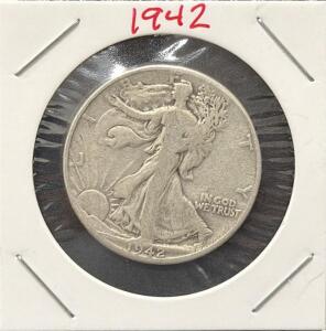 1942 Walking Liberty Half Dollar 90% Silver, U.S. Coin, Circulated, Adolph A. Weinman Design
