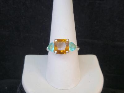 Sterling Silver Three-Stone Ring with Citrine and Blue Topaz