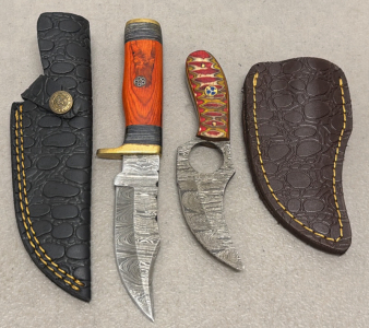 Custom Damascus Fixed-Blade Knives, Bowie & Skinner, Mosaic Pin Handles, Leather Sheaths