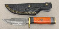 Custom Damascus Fixed-Blade Knives, Bowie & Skinner, Mosaic Pin Handles, Leather Sheaths - 2