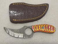 Custom Damascus Fixed-Blade Knives, Bowie & Skinner, Mosaic Pin Handles, Leather Sheaths - 7
