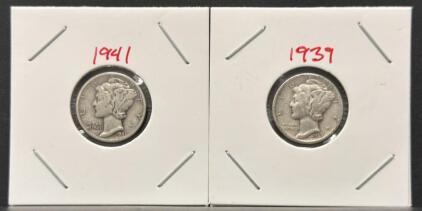1939-D & 1941 Mercury Silver Dimes, 90% Silver, Circulated, Liberty Head Design, US Coins