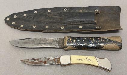 Vintage Fixed Blade Knife (Custom Glitter Handle) & Buck-Style Lockback Folding Knife, Used