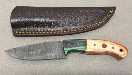 Custom Fixed-Blade Knife, 4" Damascus-Style Blade, Multi-Color Wood Handle, Leather Sheath