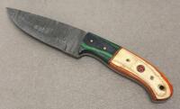 Custom Fixed-Blade Knife, 4" Damascus-Style Blade, Multi-Color Wood Handle, Leather Sheath - 2