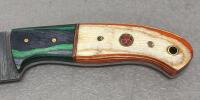 Custom Fixed-Blade Knife, 4" Damascus-Style Blade, Multi-Color Wood Handle, Leather Sheath - 3
