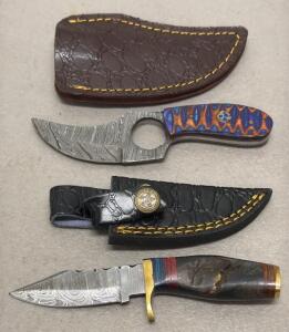 Custom Damascus Steel Fixed Blade Knives w/ Decorative Handles & Leather Sheaths - Skinner & Hunter