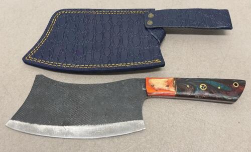 Custom Damascus Steel Cleaver Knife with Resin/Wood Handle and Decorative Sheath