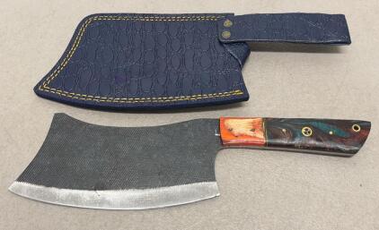 Custom Damascus Steel Cleaver Knife with Resin/Wood Handle and Decorative Sheath