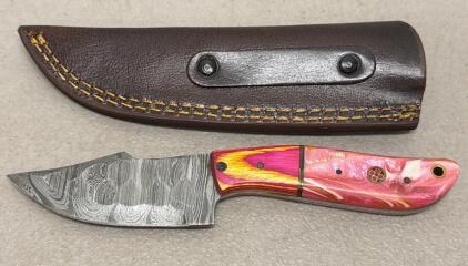 Custom Fixed-Blade Knife, 3.5" Damascus Blade, Pink Resin/Wood Handle, Leather Sheath