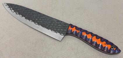Custom Chef Knife &ndash; 8" High-Carbon Blade, Acid-Etched Dragon Scale Pattern, Orange/Blue Sculpted G10 Handle, Full Tang