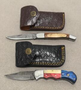 (2) Custom Damascus Folding Pocket Knives with Sheaths, Texas Star Handle, 7" Open, 3" Blade