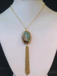 Gold-tone Long Necklace, Green Gemstone Pendant and Tassel, Lobster Clasp