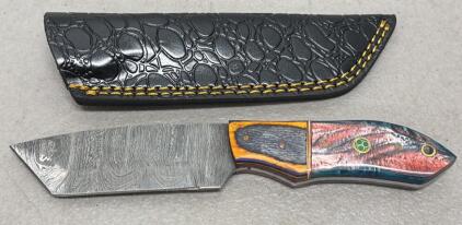 Custom Damascus Fixed Blade Knife, 4" Blade, Stabilized Wood/Resin Handle, Mosaic Pin, Sheath