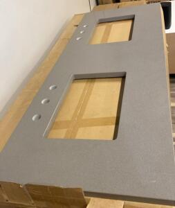 Light Gray Double Sink Vanity Countertop with 3 Faucet Holes per Sink