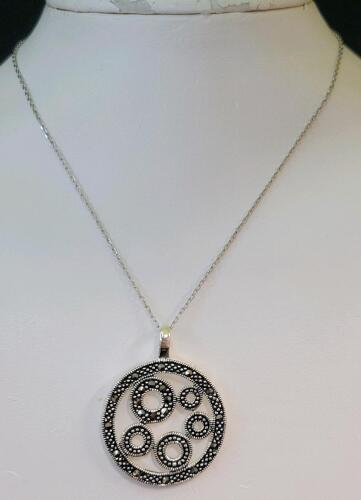 Sterling Silver ATI 925 Necklace with Marcasite Filigree Circle Pendant