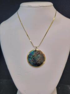Gold-Plated Sterling Silver Necklace with Round Abalone Shell Pendant, 18" Chain, Italy 925 Mark