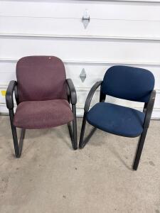 Office Guest Chairs, Sled Base, Armrests, Burgundy & Blue Fabric, Set of 2, Metal Frame