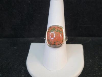 Sterling Silver Ring with Leopard Skin Jasper Cabochon, Bezel Setting