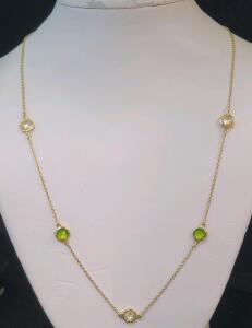Gold-Plated 925 Station Necklace, Alternating Green & Clear Gem Bezel-Set, MWS 925