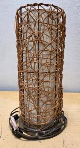 Woven Rattan Table Lamp, Cylindrical 15" x 6", Fabric Inner Shade, E26 Bulb, Electric Cord