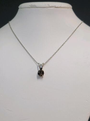 Sterling Silver Necklace with Smokey Quartz Solitaire Pendant, STERLING Stamped