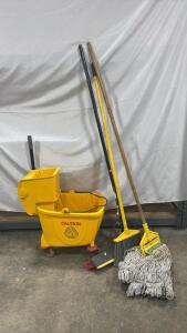 Commercial 35 Qt Mop Bucket Set with Wringer, Cotton Mop, Push Broom, Angle Broom, Yellow