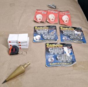 (1) Vintage 6" Brass Plumb Bob, (6) 6-1/2 Foot Keychain Tape Measures & Assorted Boat Rope Cleats