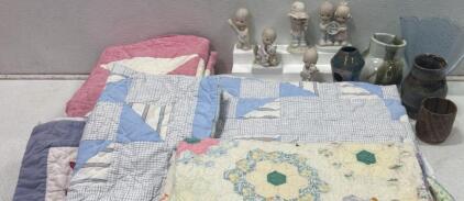 Precious Moments Figurines, Vintage Quilts, Pottery, & Rubbermaid Tote &ndash; Mixed Collectibles Lot