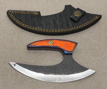 Custom Ulu Knife with Dyed Hardwood Handle and Leather Sheath