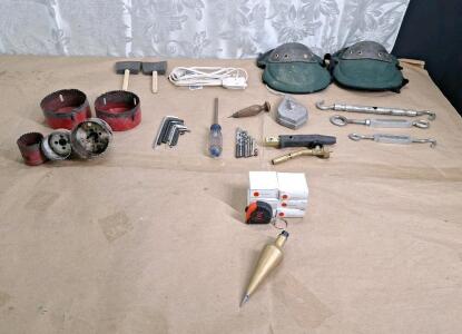 (1) Vintage 6" Brass Plumb Bob, (6) 6-1/2 Foot Keychain Tape Measures & Assorted Hand Tools