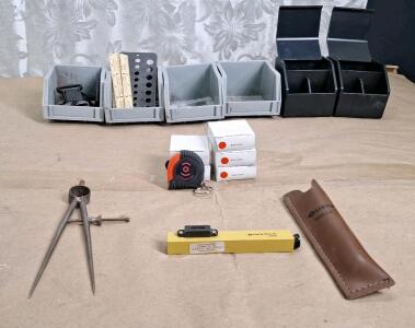 (1) Vintage 6" Starrett Spring Divider, (1) Vintage Lietz 5-1/4&rdquo; Surveyors Hand Level 8045-20 W/ Leather Sheath(6)6-1/2 Foot Keychain Tape Measures & (6) Small Parts Bins