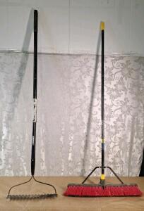 (1) Husky 16" Bow Rake W/ 57" Fiberglass Handle & (1) 24" Pushbroom W/ 57" Metal Handle