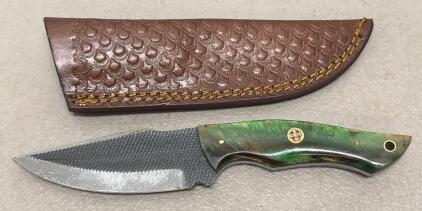 Custom Drop Point Fixed Blade Knife with Decorative Handle and Leather Sheath
